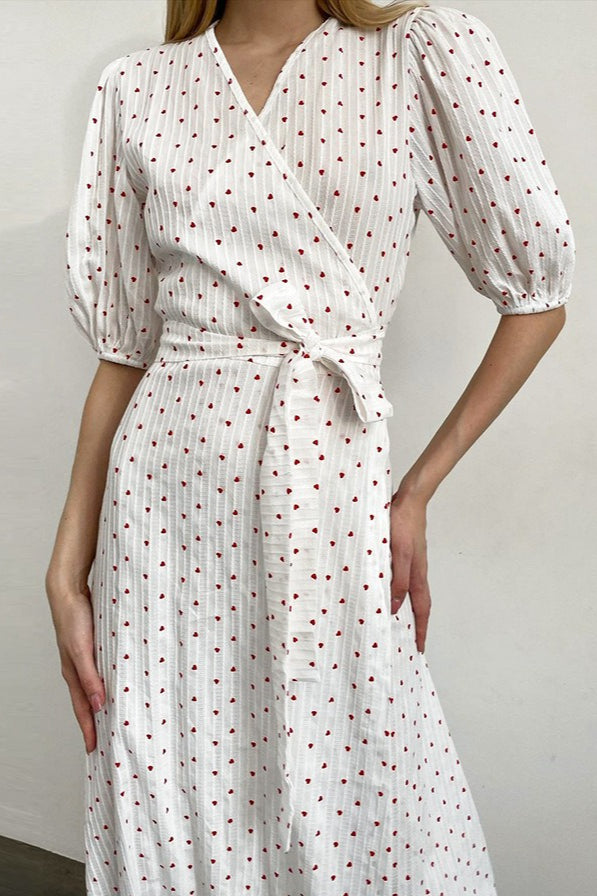 Heart Print Puff Sleeve V-Neck Wrap Maxi Dress