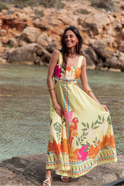 Elegant Floral Print Cutout Tie Maxi Dress