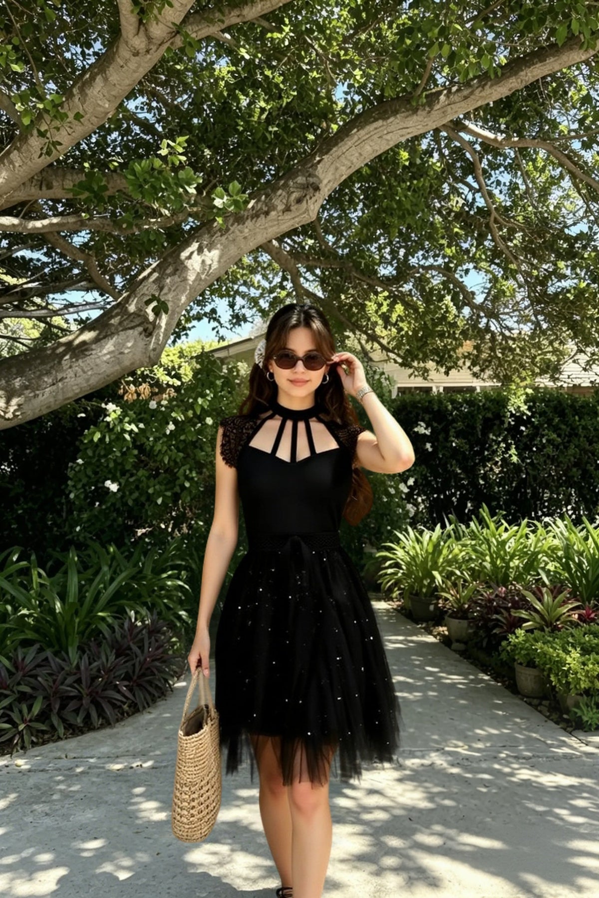 Lace Scalloped Cap Sleeve Bow Waist Tiered Tulle Handkerchief Hem Mini Dress