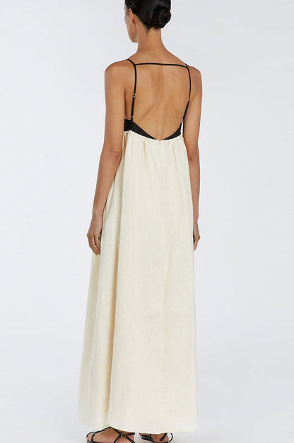 Beige Spaghetti Strap Square Neck Empire Waist Gathered Patchwork Maxi Dress