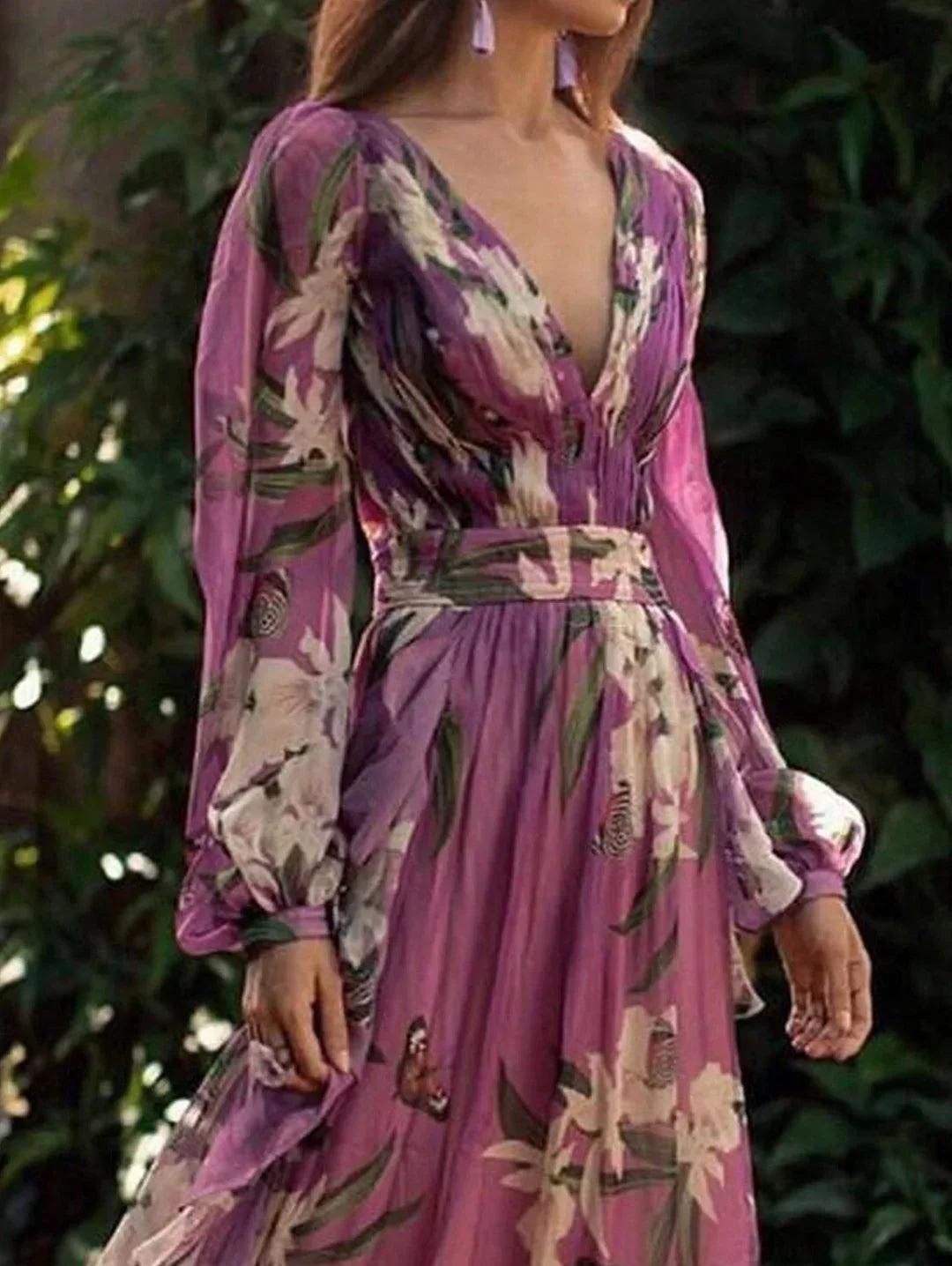 Deep V Neck Bishop Sleeve Butterfly Floral Print Belted Maxi Dress