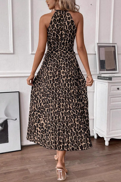 V Neck Leopard Print Backless Maxi Dress