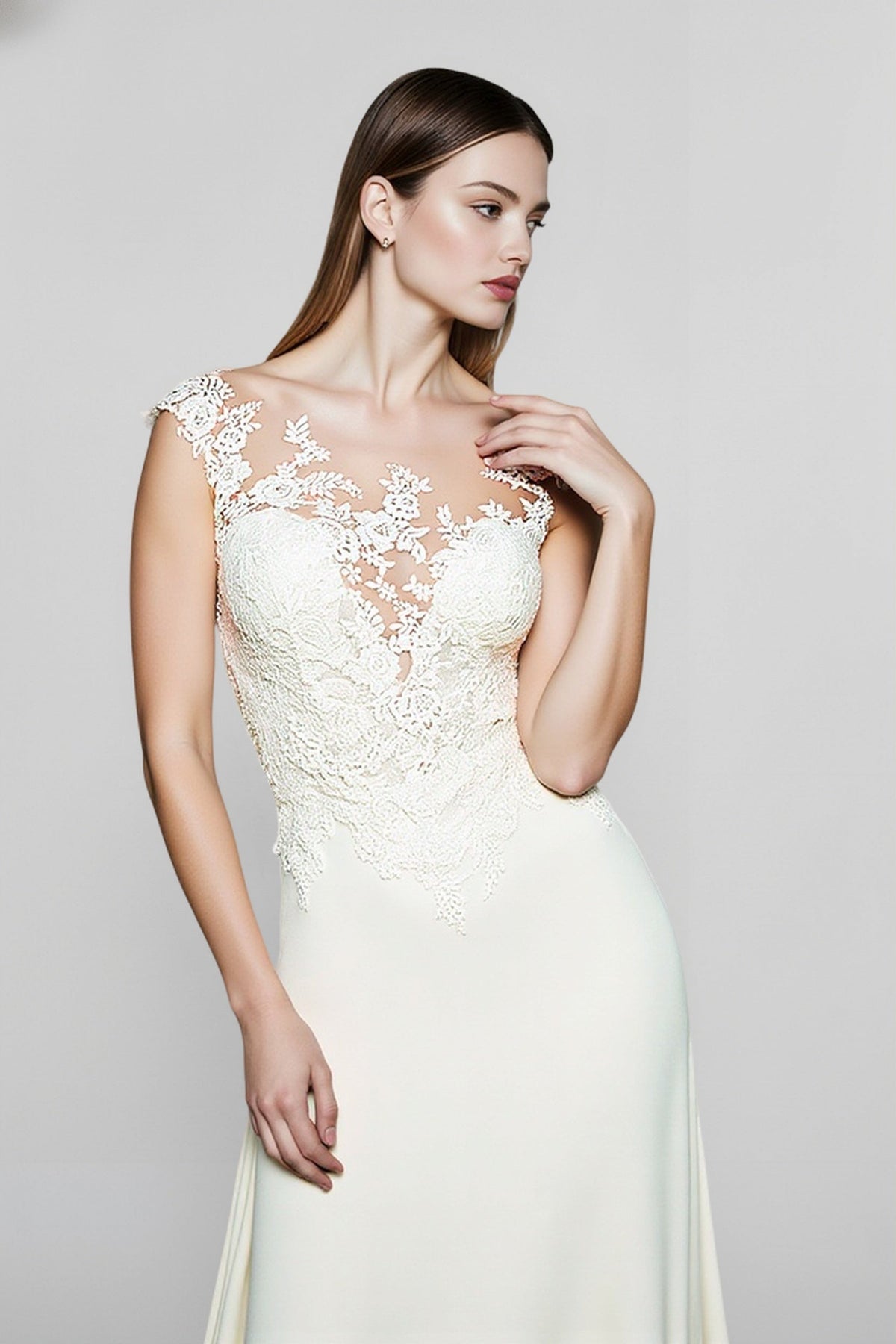 Floral Lace Applique Illusion Sweetheart Bodice Sheath Floor Length Gown