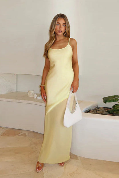 Elegant Fitted Satin Mesh Cami Maxi Dress