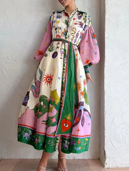 Pointed Collar Mythical Graphic Print Puff Sleeve Belted Maxi Dress