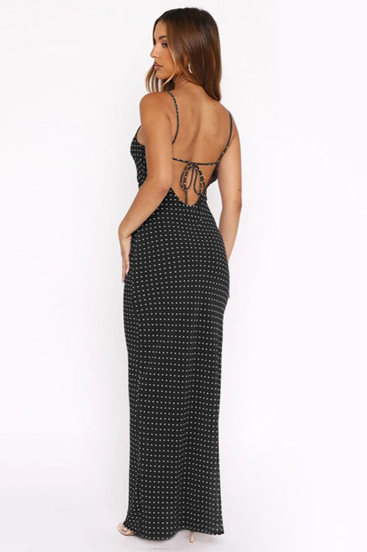Black Polka Dot Cami Bodycon Maxi With Side Slit Dress