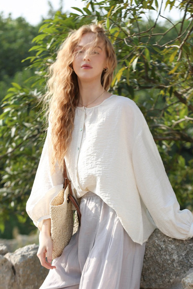 Lantern Sleeve Round Neck Blouse