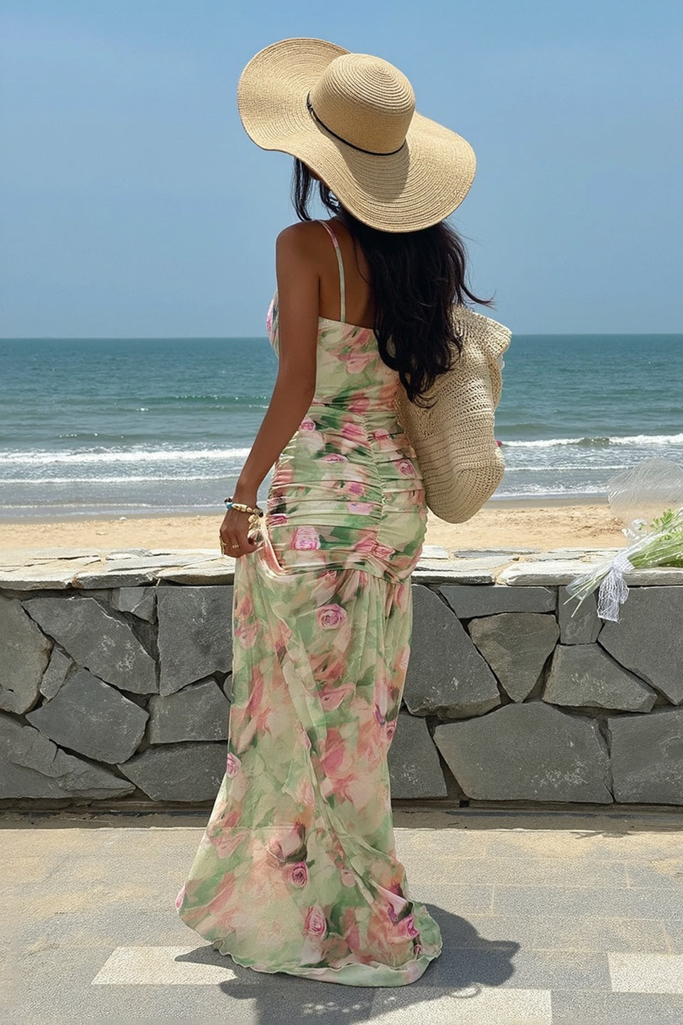 Corset Sweetheart Ruched Floral Mesh High Slit Gown