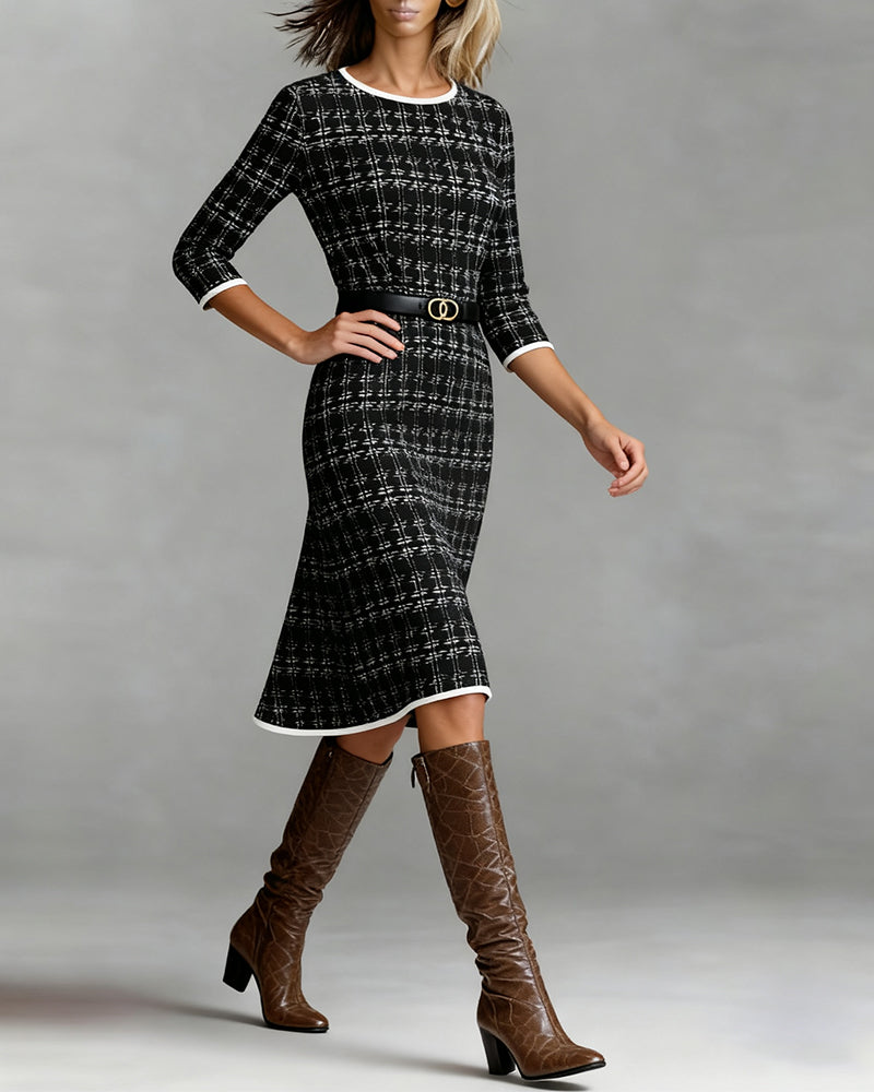 Round Neck Belted Grid Print A Line Midi Dress
