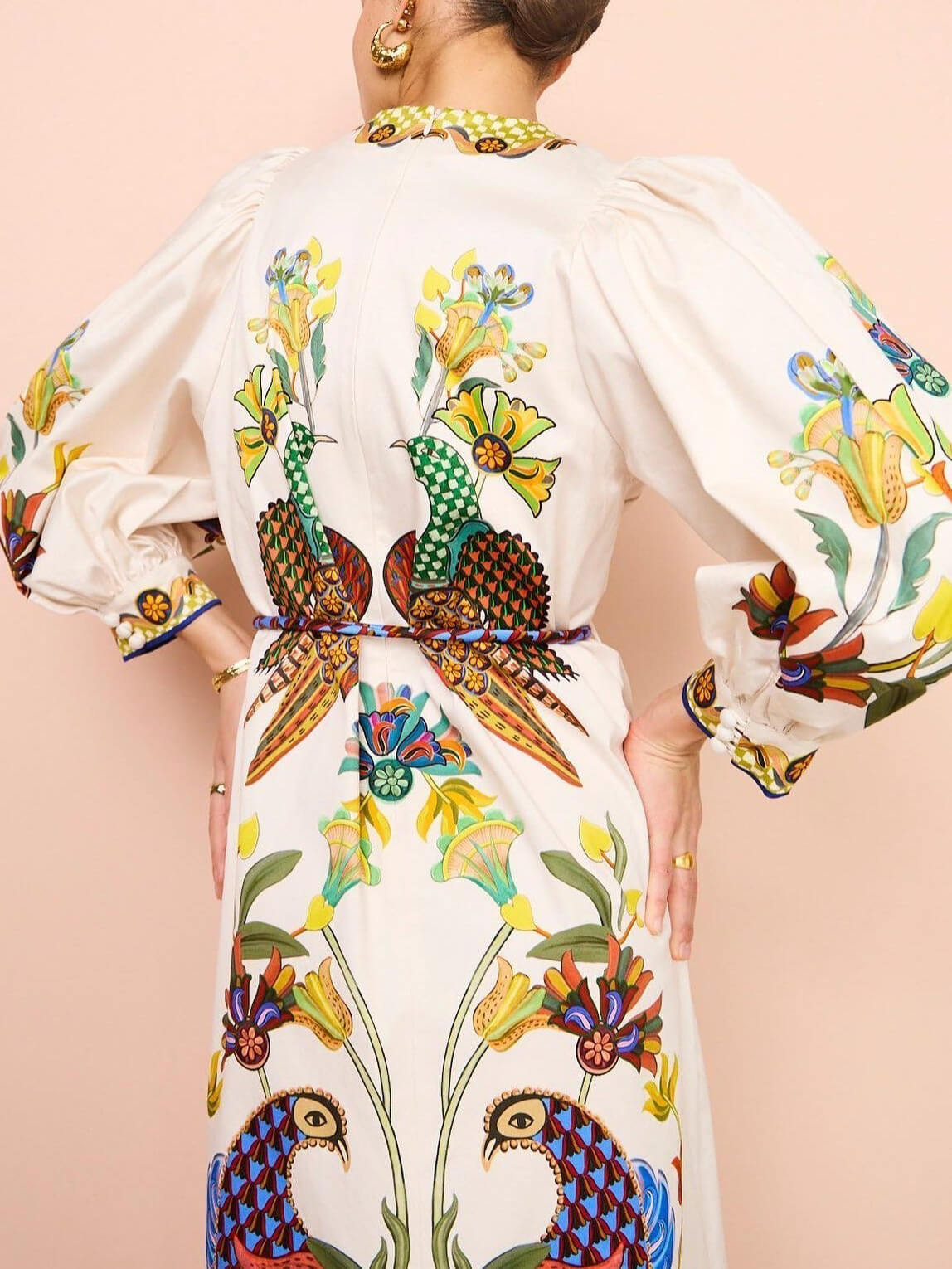 Bird Print Puff Sleeve Round Neck Tie-Waist Border Trim Midi Dress