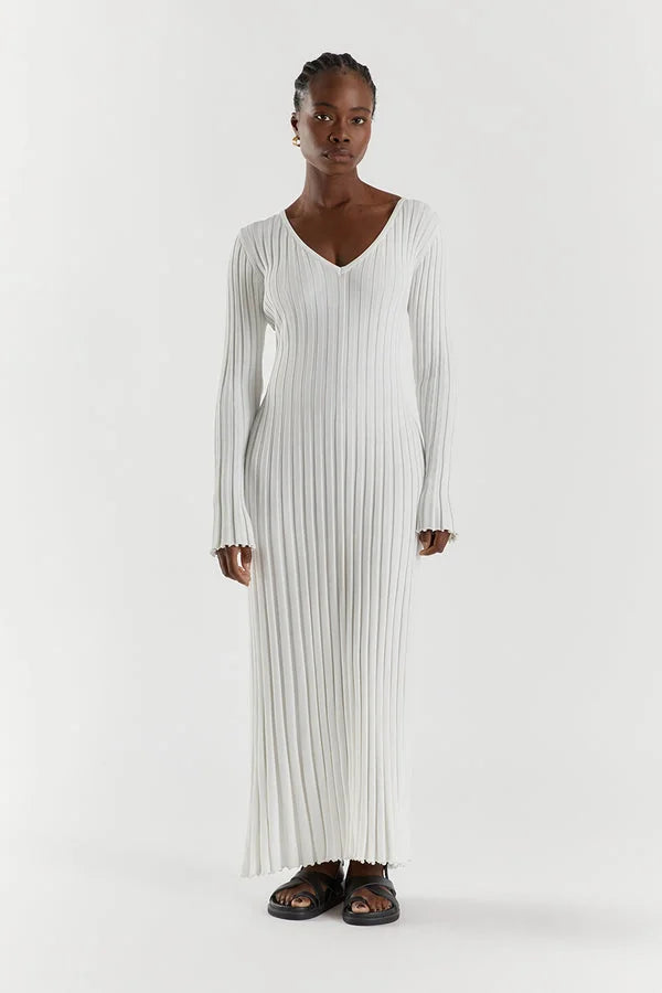 Rib Knit V-Neck Bell Sleeve Lettuce Hem Maxi Dress
