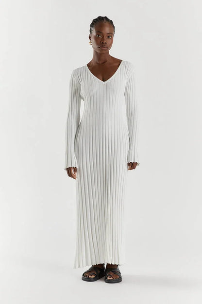 Rib Knit V-Neck Bell Sleeve Lettuce Hem Maxi Dress