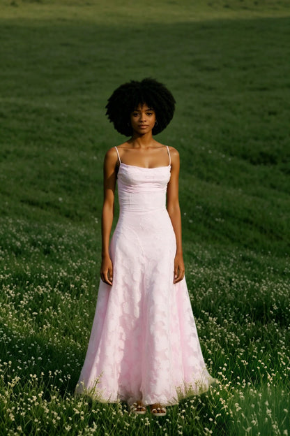 Spaghetti Strap Square Neck Floral Lace A-Line Floor Length Gown