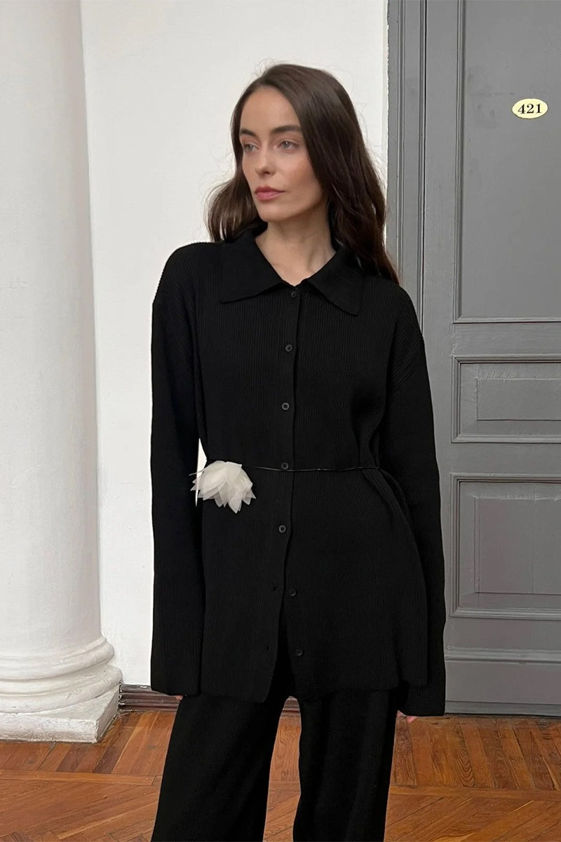 Knit Ribbed Collar Long Sleeve Loose Two Piece Set
