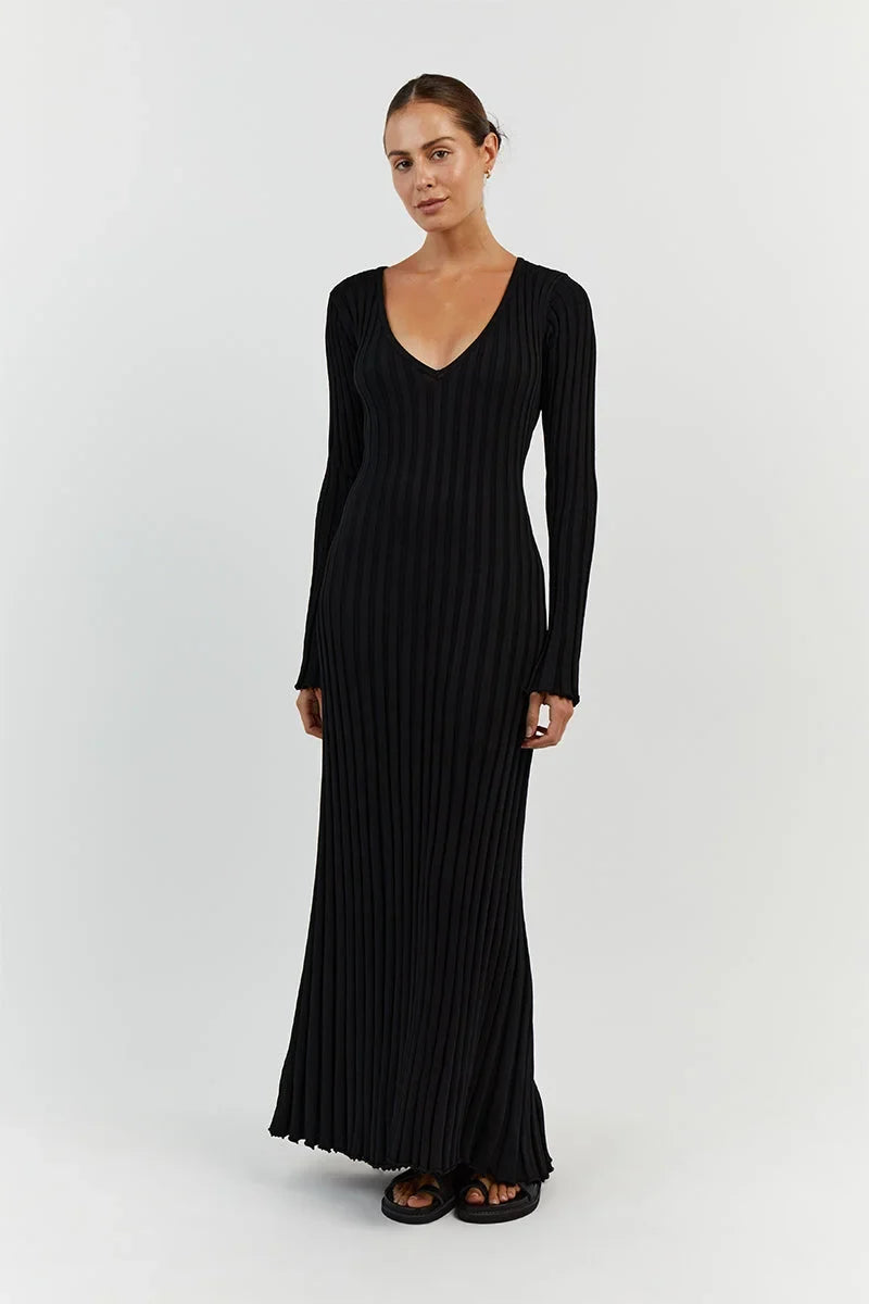 Rib Knit V-Neck Bell Sleeve Lettuce Hem Maxi Dress