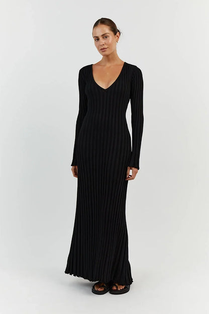 Rib Knit V-Neck Bell Sleeve Lettuce Hem Maxi Dress