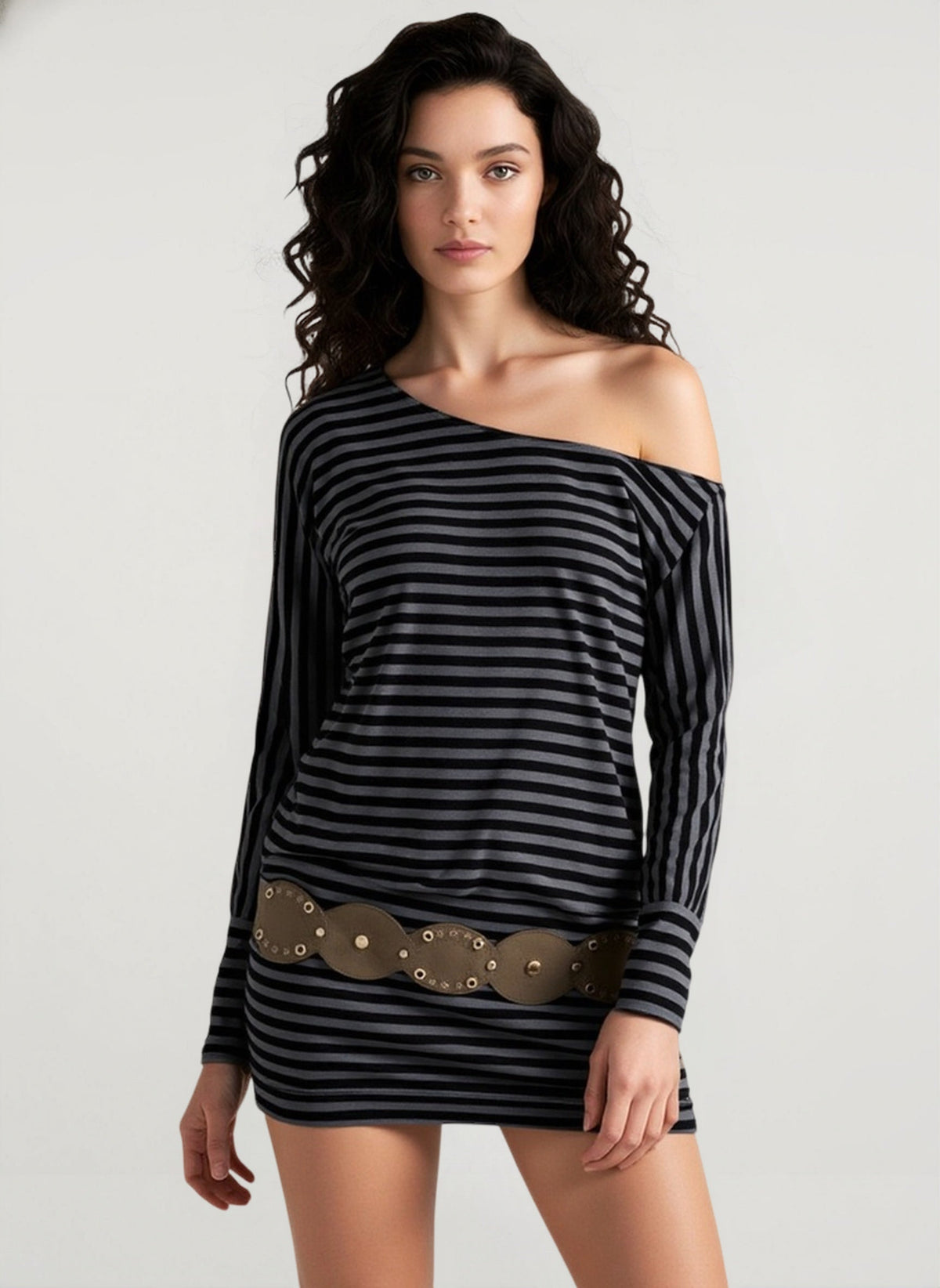 One Shoulder Striped Long Sleeve Studded Belt Bodycon Mini Dress