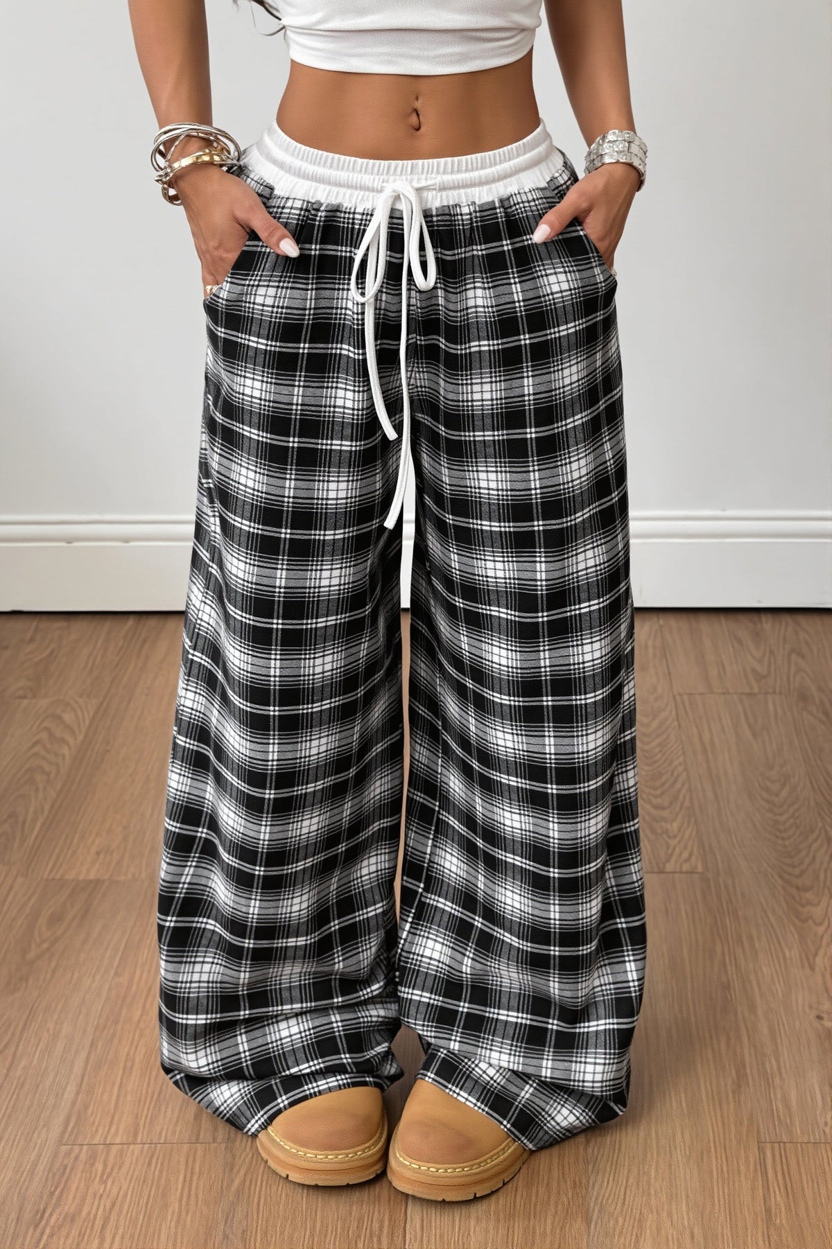 Plaid Drawstring Wide Leg Pants