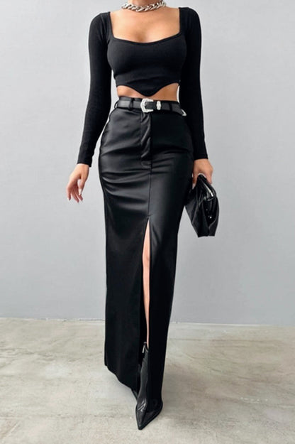 Solid Leather High Waist Slit Skirt