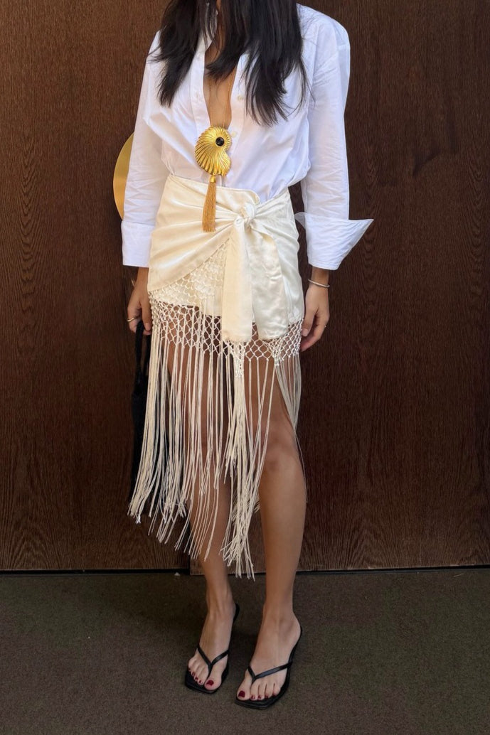 Tied Fringe Mesh Wrap Skirt