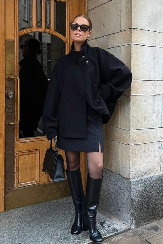 Chic Cropped Stand Collar Wool Coat