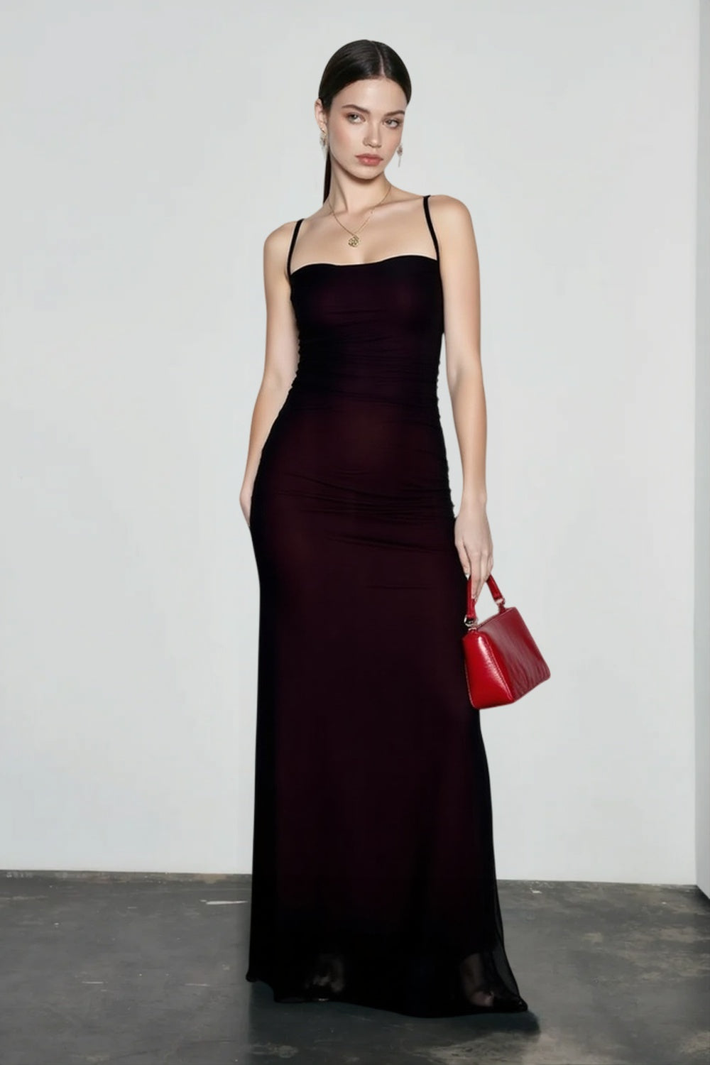 Square Neck Spaghetti Strap Ruched Mesh Maxi Dress