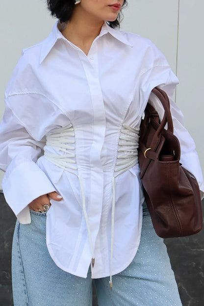 Double Ruched Tie Waist Slim Relaxed Fit Long Sleeve Blouse