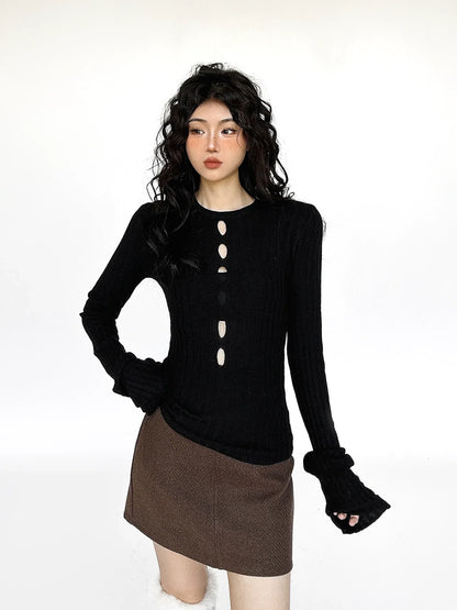 Cutout Ribbed Bell Sleeve Top