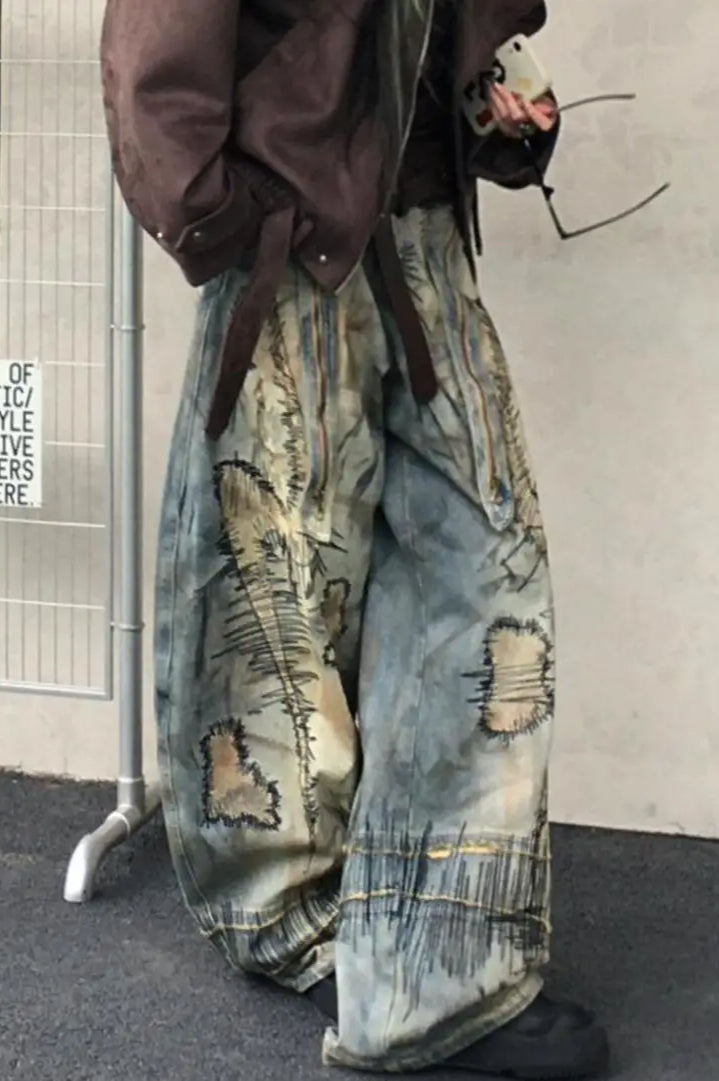 Retro Denim Wide Leg Mop Pants