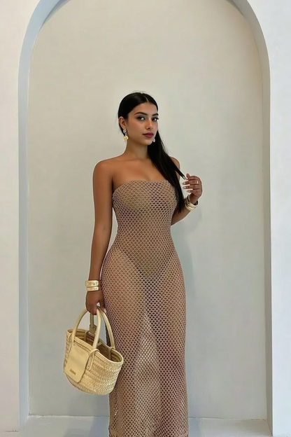 Strapless Bandeau Crochet Mesh Bodycon Mini Dress Tassel Fringe Hem Maxi Dress
