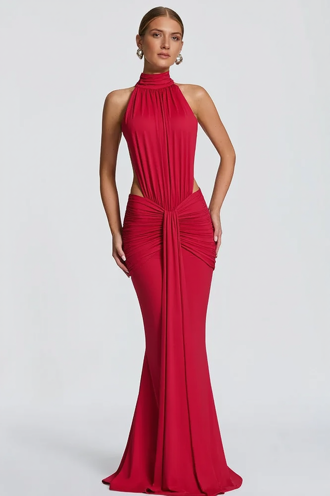 Mock Neck Side Cutout Ruched Mermaid Maxi Gown
