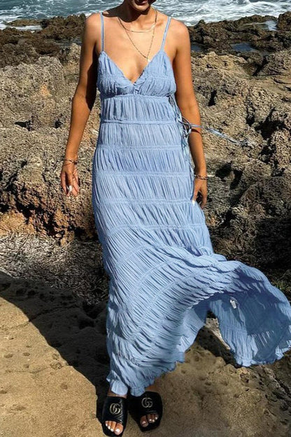 Backless V Neck Tie Solid Spliced Slim Chic Boho Dress