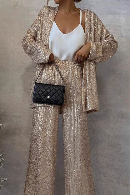 Sequin Long Sleeve Blazer Flare Long Pants Set