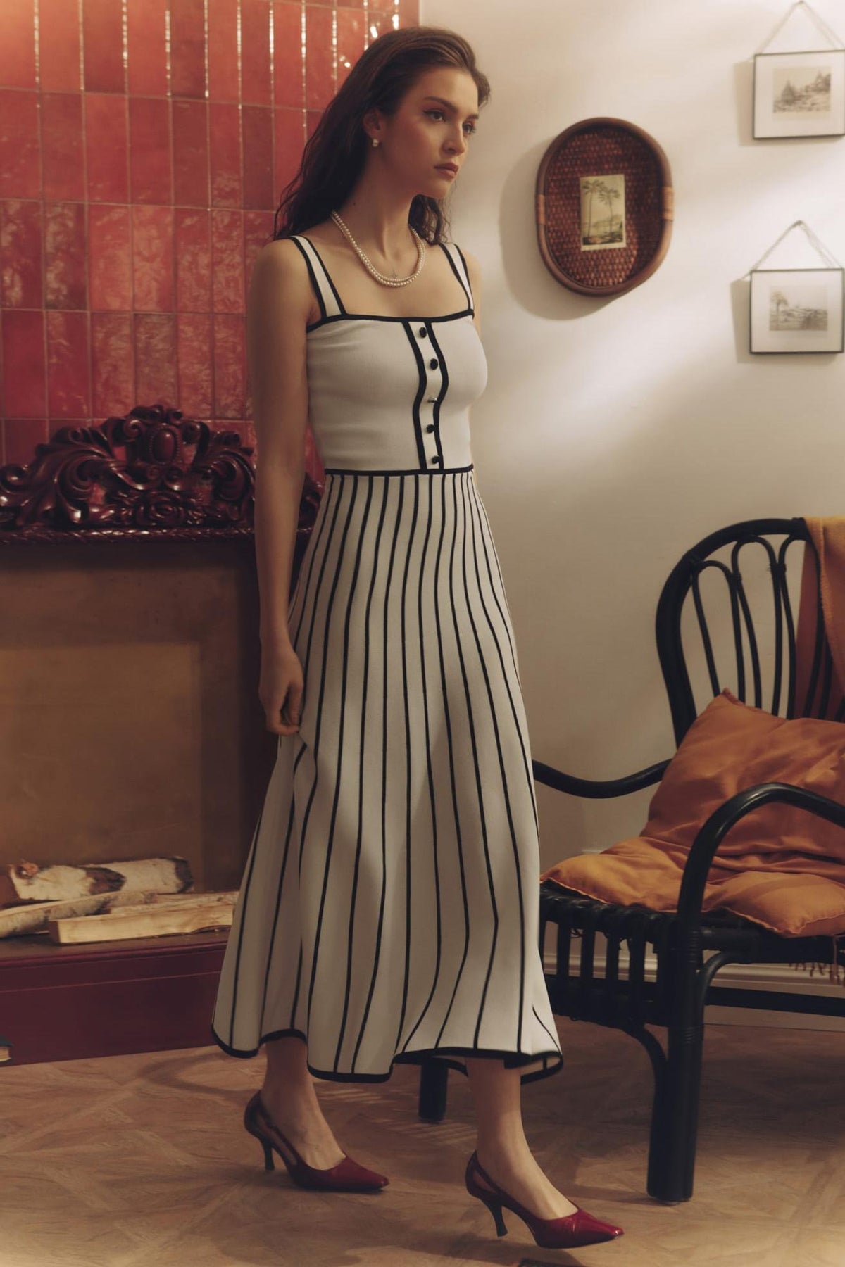 Square Neck Sleeveless Rib Knit Contrast Piping Tiered Midi Dress