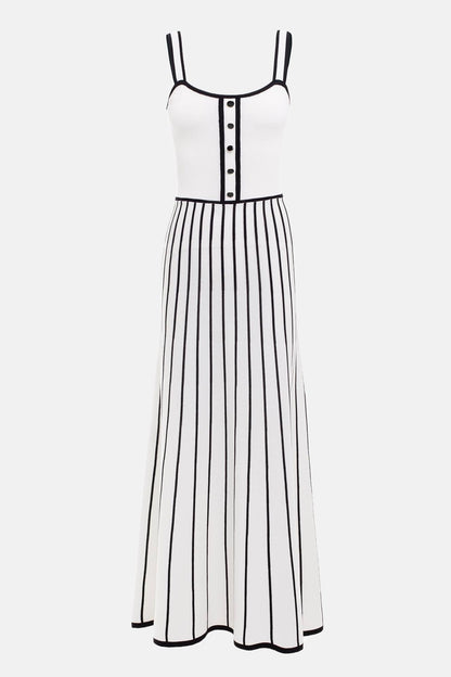Square Neck Sleeveless Rib Knit Contrast Piping Tiered Midi Dress