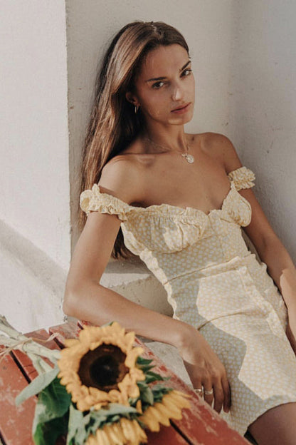 Square Neck Spaghetti Strap Daisy Print Ruffle Mini Dress