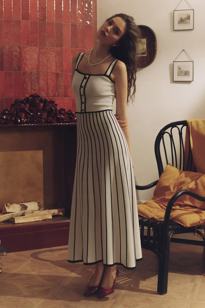 Square Neck Sleeveless Rib Knit Contrast Piping Tiered Midi Dress