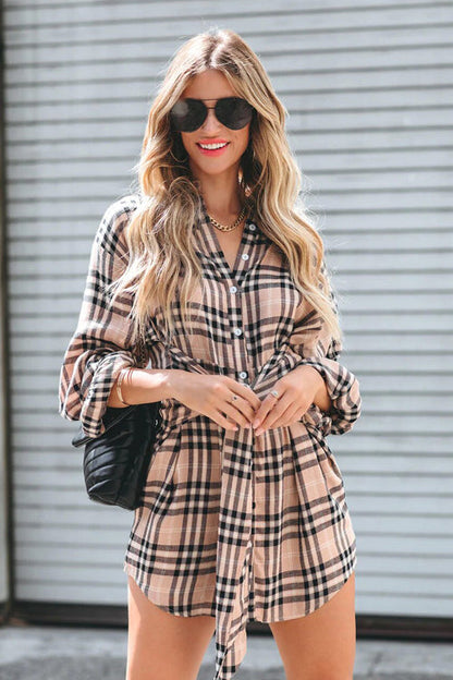 Plaid Long Sleeve Tie Front Button Up Shirtdress Mini Dress