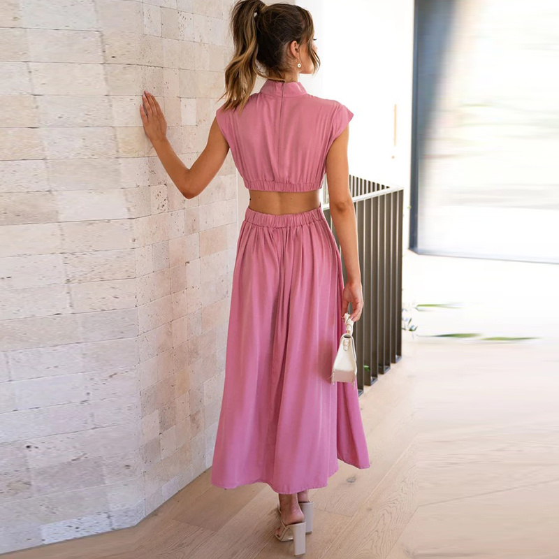 Mock Neck Cap Sleeve Side Cut Out Pleated A-Line Midi Dress