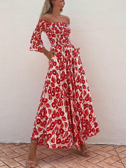 Off Shoulder Smocked Bell Sleeve Floral Print Pocket Maxi Dress
