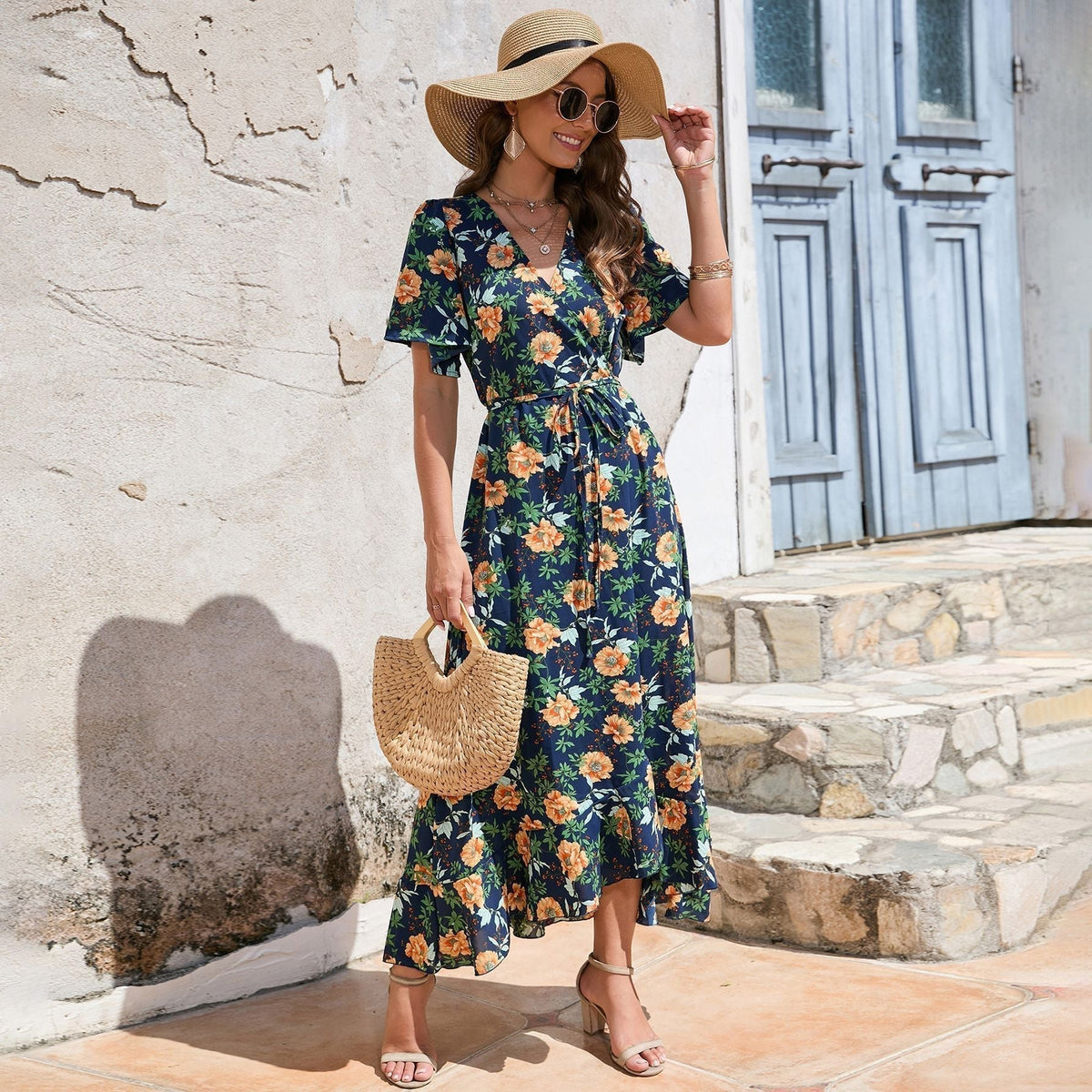 V-Neck Short Sleeve Smocked Waist Tier Midi Dress
