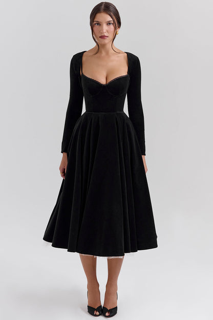 Velvet Sweetheart Lace Trim Spaghetti Strap Pleated Midi Dress