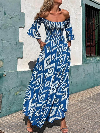 Off Shoulder Smocked Bodice Bell Sleeve Geometric Ikat Pocket Maxi Dress