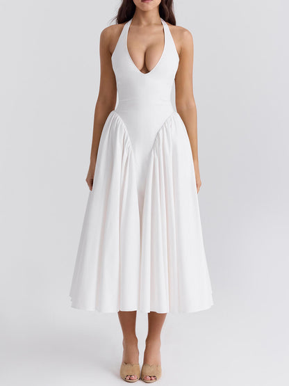 Deep V Plunge Pleated Waist Halter Flared A-Line Midi Dress