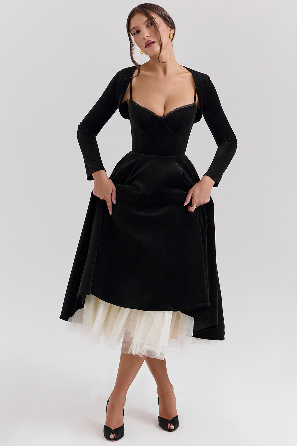 Velvet Sweetheart Lace Trim Spaghetti Strap Pleated Midi Dress