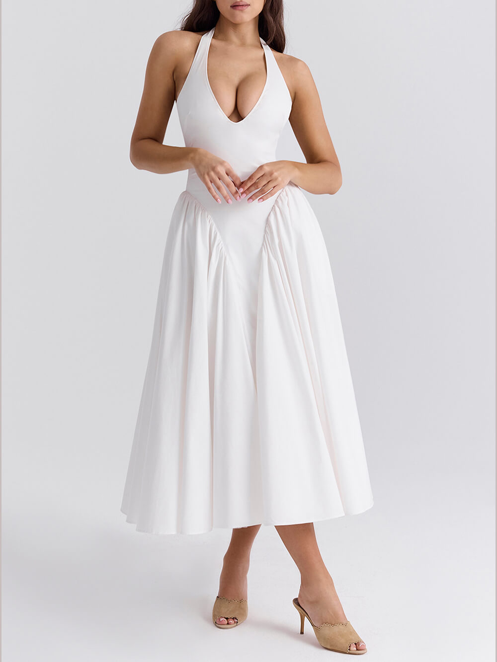 Deep V Plunge Pleated Waist Halter Flared A-Line Midi Dress