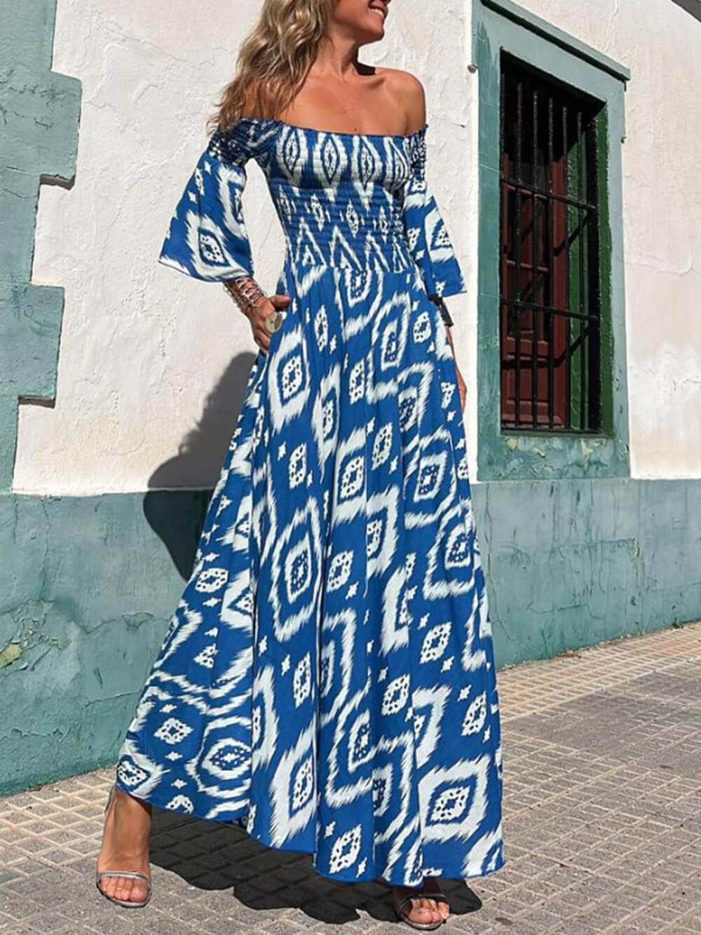 Off Shoulder Smocked Bodice Bell Sleeve Geometric Ikat Pocket Maxi Dress