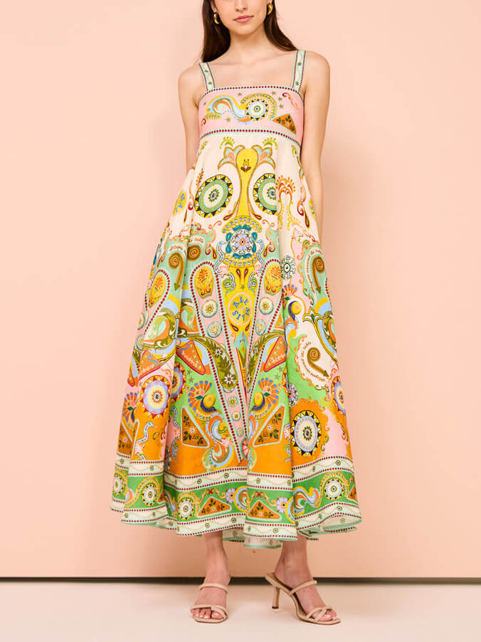 Paisley Print Square Neck Spaghetti Strap Empire Waist Flared Maxi Dress
