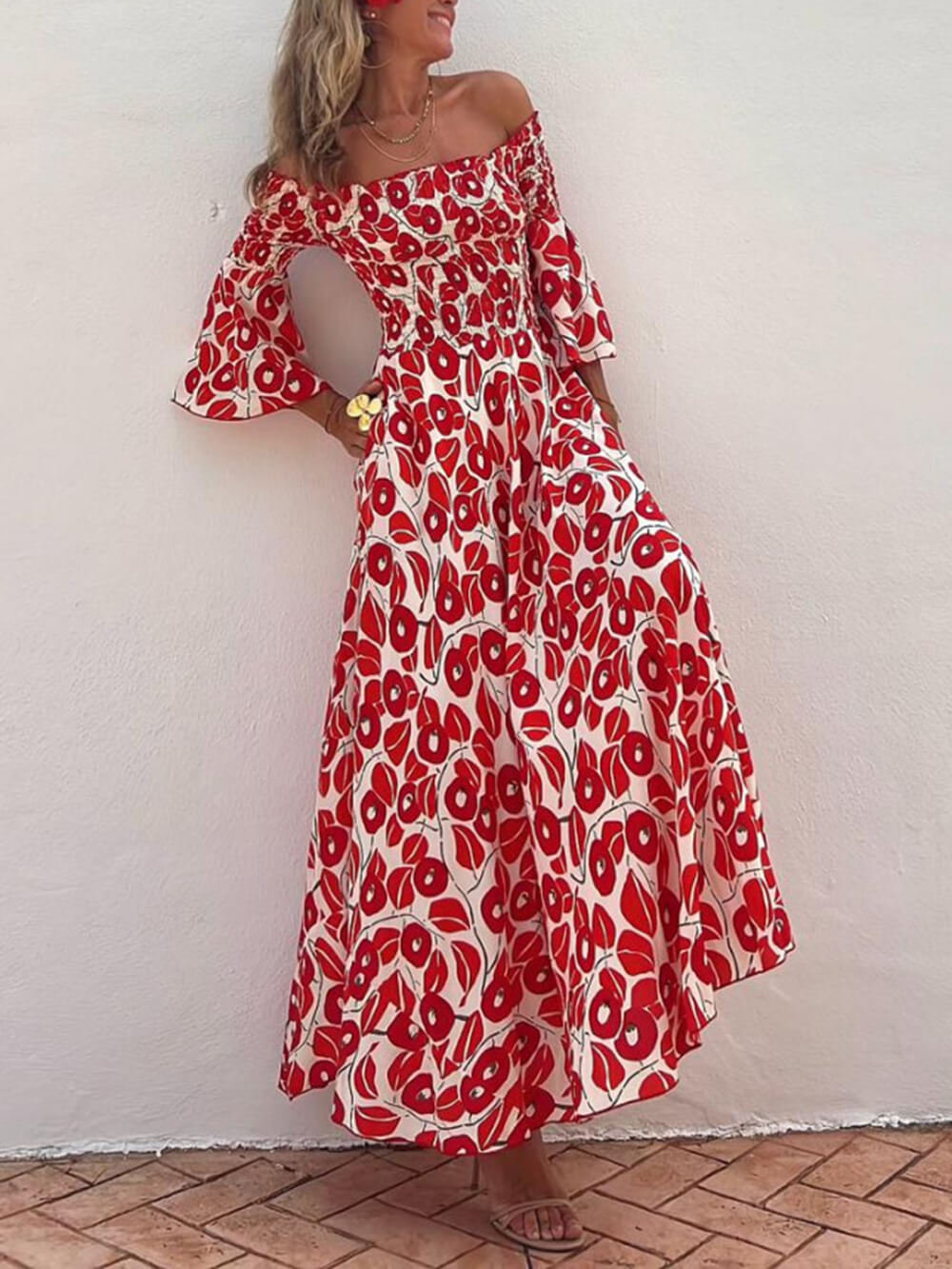 Off Shoulder Smocked Bell Sleeve Floral Print Pocket Maxi Dress