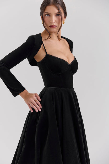 Velvet Sweetheart Lace Trim Spaghetti Strap Pleated Midi Dress